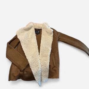 C. Luce‎ Brown faux fur & faux suede jacket with knit fabric on arms Sz Lg